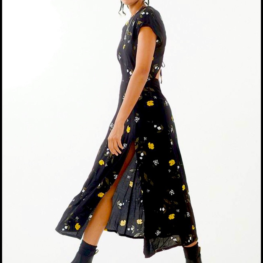 Urban Outfitters Lindsey Midi Black Floral Dress with cap sleeves.